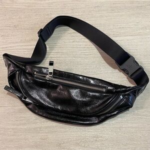 Treasure & Bond Black Shiny Leather Crossbody Belt Bag with Silver Zippers